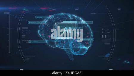 Image of ai text over digital brain spinning and data processing Stock Photo