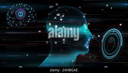 Image of ai texts and chat with brain over digital human spinning Stock Photo