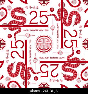 Seamless pattern with Asian elements on color background for happy Chinese new year of the Snake 2025, flyers, poster and banner, (translate : Chinese Stock Vector
