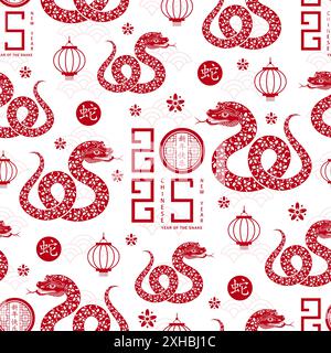 Seamless pattern with Asian elements on color background for happy Chinese new year of the Snake 2025, flyers, poster and banner, (translate : Chinese Stock Vector