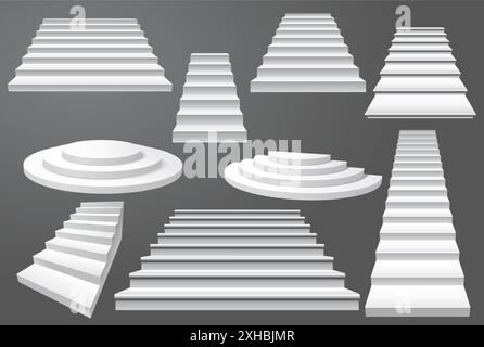 Staircases set, white stairs blank template, front view, round and straight, front view of stairway, vector Stock Vector
