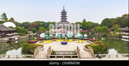 Panorama of the historic pagoda in the Panmen scenic area in Suzhou, China Stock Photo