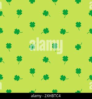 Lucky Four leaf green clovers seamless pattern, green background texture Stock Vector
