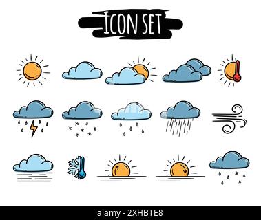 Simple vector weather icon set. Hand drawn sun and precipitation symbols. Signs and elements for website, app, banner Stock Vector