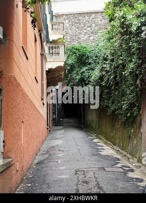 Vaulted tunnel with concrete walls in an old abandoned bunker, subway, etc. Dark corridor of an old abandoned underground bunker. Stock Photo