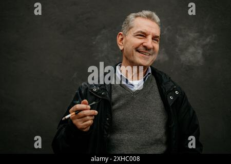 A man in a black jacket and gray sweater smiles and smokes a cigarette outdoors. Stock Photo