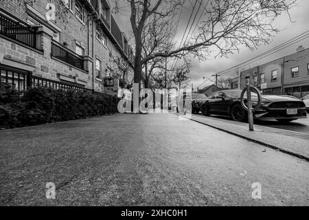 Black and white. Winter, black and white street in Toronto. Rainy, cloudy. Stock Photo