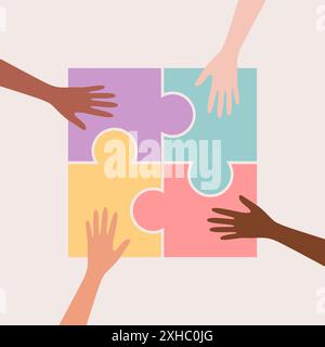 Hands of people of different nationalities and skin tones putting together colorful puzzle pieces. Vector illustration in flat style Stock Vector