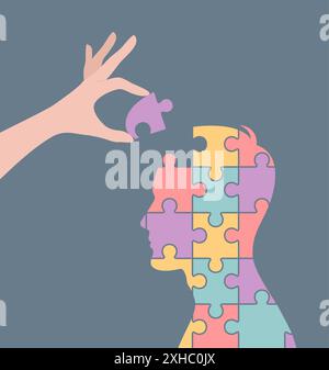 Side silhouette of a man made of multi-colored puzzles, and a hand adding a missing puzzle piece. Flat vector illustration Stock Vector