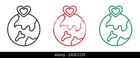 Earth love heart icon Vector symbol or sign set collection in black and white outline Stock Vector