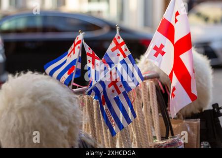 Small Georgian and Adjara flag with red crosses on white, Adjara is an autonomous republic within Georgia. Stock Photo