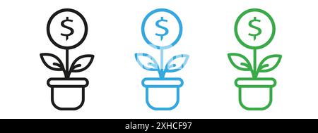 Money tree icon Vector symbol or sign set collection in black and white outline Stock Vector