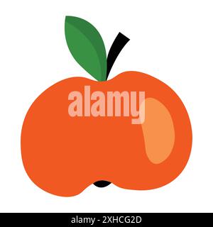 A bright red apple illustration with a green leaf and a black stem Stock Vector