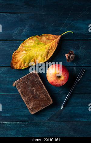 Moody autumnal composition. A vibrant fall leaf with an apple, a notebook, and an ink pen, shot from the top on a dark blue wooden background Stock Photo