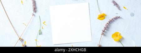 Spring background panorama with flowers and a square card, with a place for text, top shot. Summer invitation floral stationery mockup Stock Photo