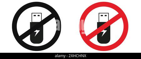 No USB flash drive sign Vector symbol or sign set collection in black and white outline Stock Vector
