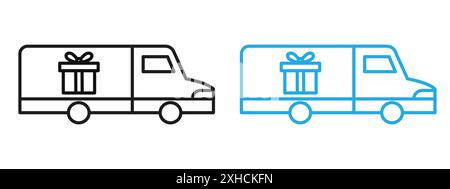 Truck carrying gift box icon Vector symbol or sign set collection in black and white outline Stock Vector