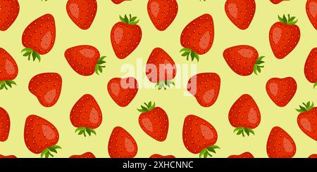 Strawberry seamless pattern. Trendy summer Berries fruit strawberry with green leaves on pistachio green background. Hand drawn flat style for textile prints cards design wallpaper Vector illustration Stock Vector