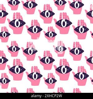 Seamless pattern with surreal elements. Handdrawn vector design with eyes in hands. Stock Vector