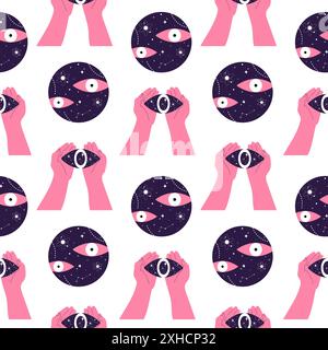Seamless pattern with surreal elements. Handdrawn vector design with floating eyes and eyes in hands. Stock Vector