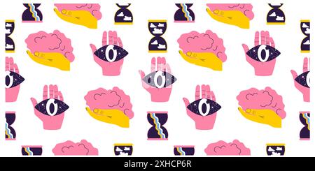 Seamless pattern with surreal elements. Handdrawn design with eye and brain in hand. Stock Vector
