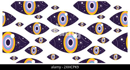 Seamless pattern with surreal elements. Handdrawn vector design with floating eyes and space. Stock Vector