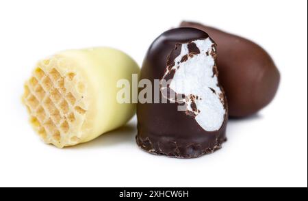 Chocolate Marshmallows isolated on white background (close-up, selective focus) Stock Photo
