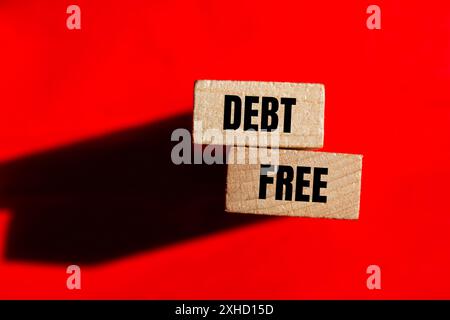 Debt free words written on wooden blocks with red background. Conceptual debt free symbol. Copy space. Stock Photo