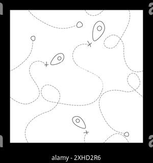 Map, routes, seamless pattern, monochrome, vector. Black beacons on White field. Thin dotted route. Vector Outline Doodle illustration for background, Stock Vector