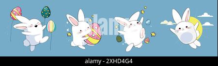Happy Easter, decorated easter card, banner. Bunnies, Easter eggs, flowers and basket. Folk style patterned design. . Vector illustration Stock Vector