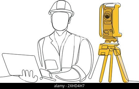 Close up of Caucasian worker with helmet on head using tablet for work while standing in warehouse. Surveyor with a tripod icon. Geodesic tripod. Vect Stock Vector