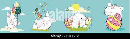 Happy Easter, decorated easter card, banner. Bunnies, Easter eggs, flowers and basket. Folk style patterned design. . Vector illustration Stock Vector