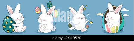 Happy Easter, decorated easter card, banner. Bunnies, Easter eggs, flowers and basket. Folk style patterned design. . Vector illustration Stock Vector