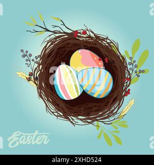 Happy Easter, decorated easter card, banner. Bunnies, Easter eggs, flowers and basket. Folk style patterned design. . Vector illustration Stock Vector