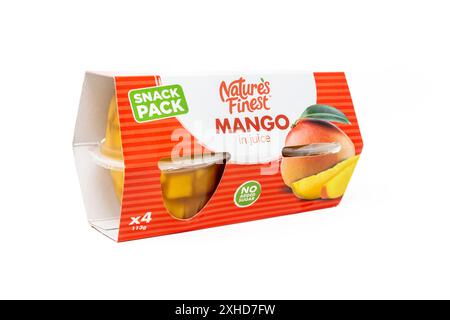 Nature's Finest Fruit Pots Mango in Juice Stock Photo