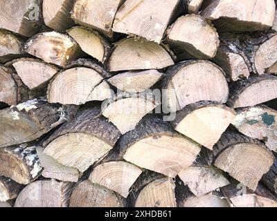 End view of firewood that has been split and stacked in preparation for a cold winter. Stock Photo
