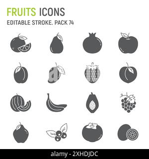 Fruit glyph icon set, fruits collection, vector graphics, logo illustrations, fruits vector icons, tropical fruit signs, solid pictograms, editable stroke Stock Vector