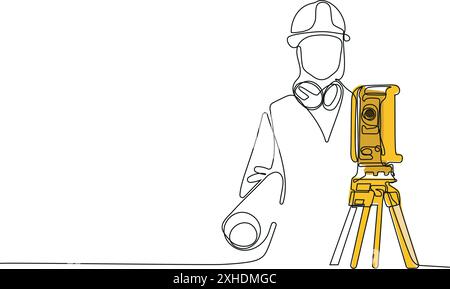 Close up of Caucasian worker with helmet on head using tablet for work while standing in warehouse. Surveyor with a tripod icon. Geodesic tripod. Vect Stock Vector