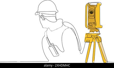 Close up of Caucasian worker with helmet on head using tablet for work while standing in warehouse. Surveyor with a tripod icon. Geodesic tripod. Vect Stock Vector