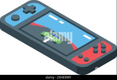 Portable game console showing racing game on screen, isometric icon Stock Vector
