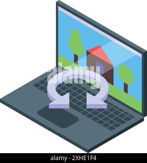 Isometric laptop showing house image with update symbol appearing, online house project update concept Stock Vector