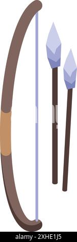 Traditional wooden bow and arrows standing upright isometric illustration Stock Vector
