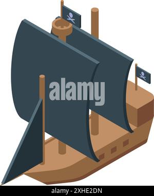 Pirate ship sailing on the sea with black sails isometric view Stock Vector