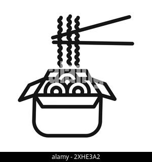 Bowl of Noodles with Chopsticks icon Vector symbol or sign set collection in black and white outline Stock Vector