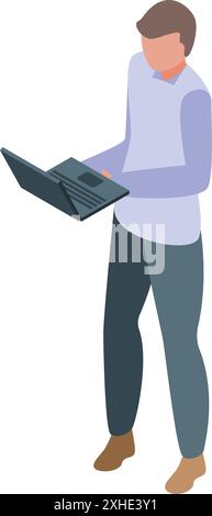 Young male manager working on laptop, business character, office worker using computer, freelance concept Stock Vector