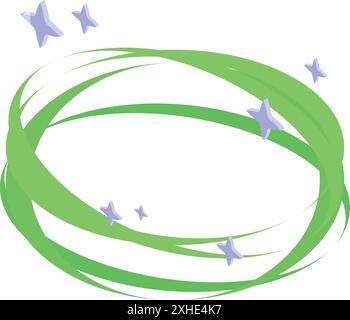 Green wavy lines are creating a round frame decorated with purple stars on a white background Stock Vector