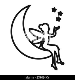 fairy sitting on moon icon Vector symbol or sign set collection in black and white outline Stock Vector