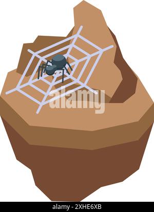 Spooky black spider is weaving its web on top of a rock Stock Vector