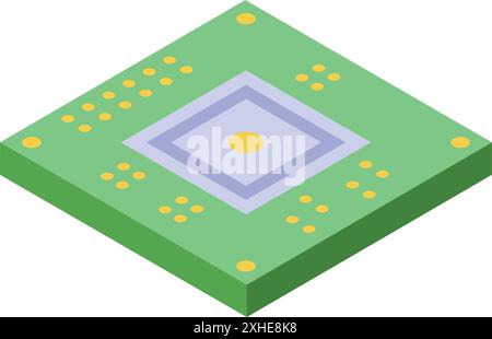 Isometric illustration of a green computer chip with a yellow core, representing computing power and digital technology Stock Vector