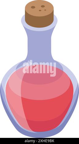 Glass flask containing a red potion, sealed with a cork stopper, in isometric view Stock Vector